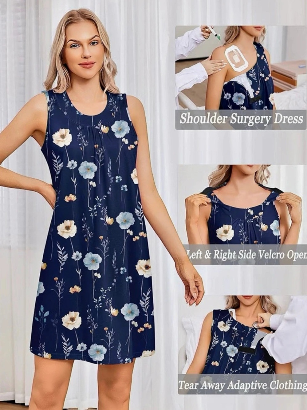 Deyeek Adaptive Shoulder Surgery Dress Floral Mini Dress Blue XL Like New